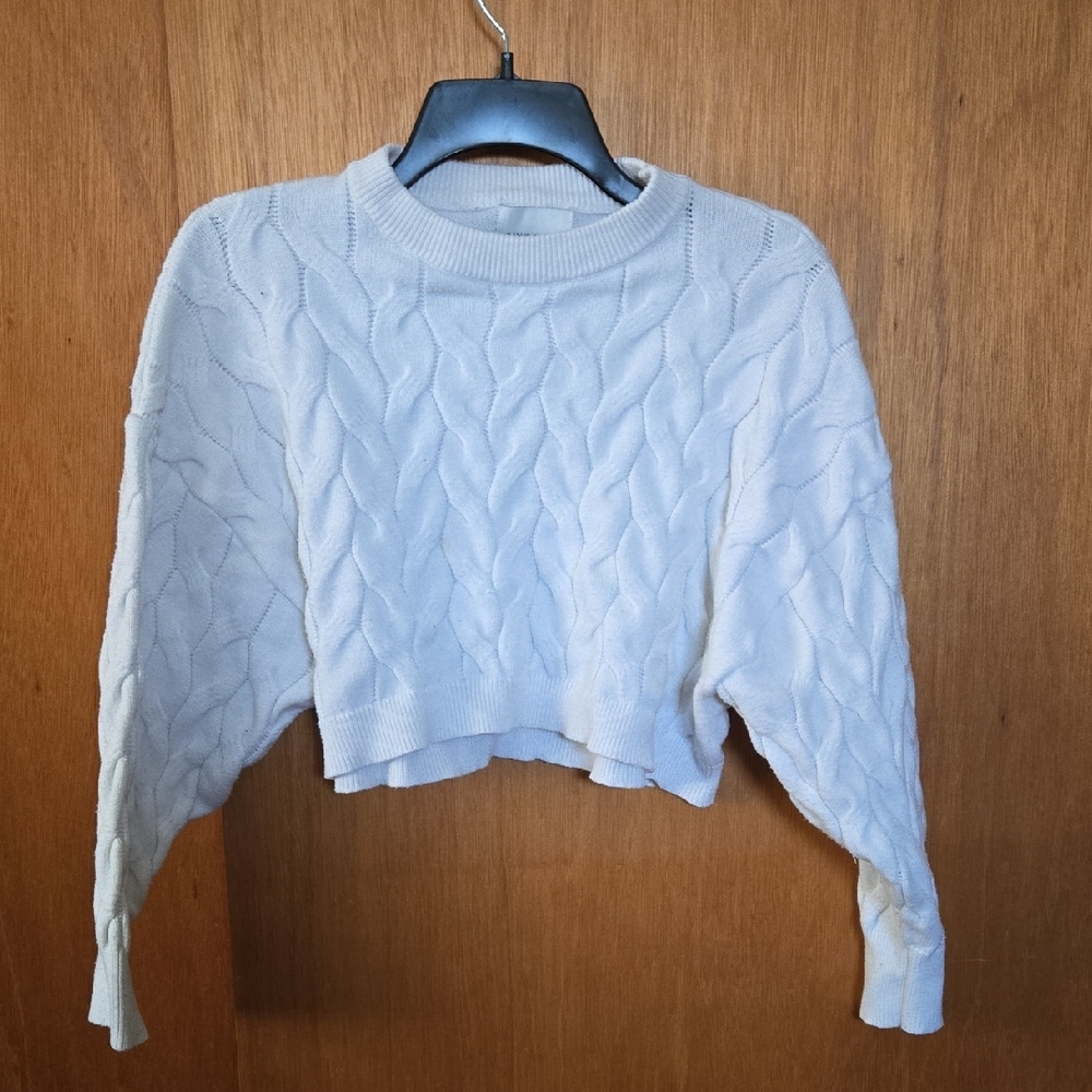 Pink Rose Cropped White Knit Sweater